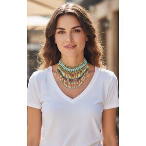 Gold Tone Aqua/Yellow/Orange Fringed Collar Necklace Southwest Boho Tribal